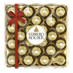 Box of Ferrero Rocher chocolates with a red ribbon