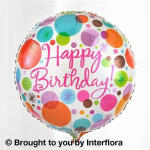 Round birthday balloon with colorful dots and pink text