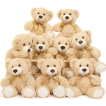 Stack of beige teddy bears with gold ribbons