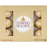 Gold rectangular box of Ferrero Rocher hazelnut chocolates with foil-wrapped pieces visible through side windows