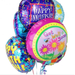 Cluster of colorful foil balloons with anniversary and get well messages