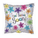 Silver balloon with colorful flowers and the words Feel Better Soon