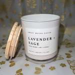 White lavender and sage candle in a glass jar with a wooden lid