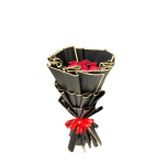 Bouquet of red roses wrapped in black paper with gold trim