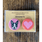 Packaged magnets with a dog face and a pink heart design