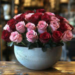 Bouquet of red and pink roses in a round gray vase
