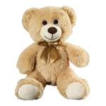 Light brown teddy bear with a gold satin bow sitting upright on a white background