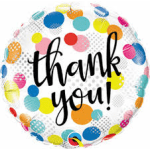 Round thank you balloon with colorful polka dots on a white background