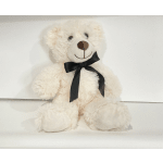 White teddy bear with a black ribbon bow