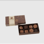 Open box of assorted chocolates with a matching lid