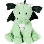 Green plush dragon toy with black wings and white horns