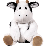 Plush cow stuffed animal with black-and-white fur and tan hooves