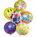 Cluster of colorful get-well balloons with cheerful messages