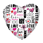 Heart-shaped balloon with love and xoxo text in pink, red, and black