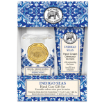 Hand care gift set with soap and cream in blue patterned packaging