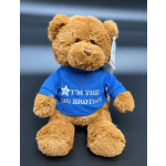 Brown teddy bear wearing a blue shirt that says "I'm the Big Brother"