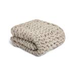 Folded beige chunky knit blanket on a white background
