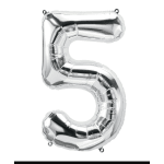 Silver foil balloon shaped like the number 5