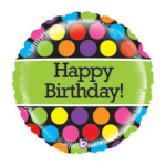 Round birthday balloon with colorful polka dots and "Happy Birthday!" text