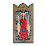Decorative plaque featuring a robed angel with halo and wings framed by an ornate border.