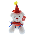 White teddy bear wearing a party hat and holding a Happy Birthday sign