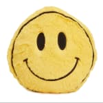 Yellow smiley-face plush pillow on a white background