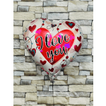 Heart-shaped balloon with "I love you" text and red hearts