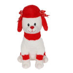 Plush white and red dog with a red hat and scarf