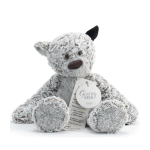 Plush gray teddy bear with a tag sitting on a white background