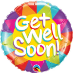 Round multicolor foil balloon with the words Get Well Soon in large white letters.
