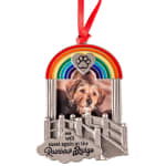 Rainbow bridge memorial ornament with a dog photo and red ribbon