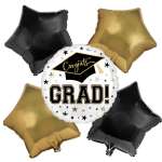Set of black and gold star balloons with a round Congrats Grad balloon in the center