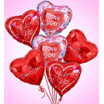 Cluster of heart-shaped red and floral balloons with love messages