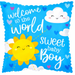 Blue baby shower balloon with sun, clouds, and welcome text