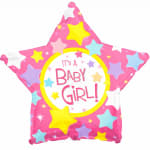 Pink star-shaped balloon reading It's a Baby Girl!