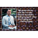 Meme with a man beside a box of chocolates and a Forrest Gump quote
