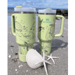 Two sea turtle travel tumblers on a beach with shells and starfish.