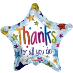 Star-shaped balloon with colorful stars and the words "Thanks for all you do"