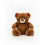 Brown teddy bear with red heart accents sitting on a white background