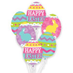 Cluster of colorful Easter balloons with bunny and egg designs