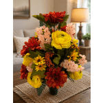 Artificial bouquet of red, yellow, and pink flowers in a black vase