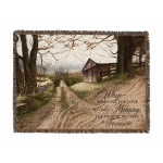 Fringed throw blanket with a rustic barn scene and memorial quote