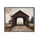 Fringed memorial throw blanket with a covered bridge scene and printed quote