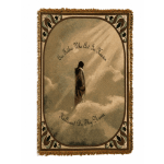 Fringed memorial tapestry with a figure standing in clouds and script text