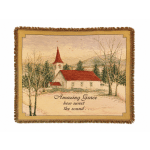 Fringed wall hanging with a church scene and the words Amazing Grace