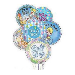 Cluster of baby boy themed balloons with colorful patterns and text