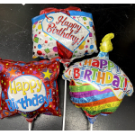 Three birthday balloons with colorful "Happy Birthday" text