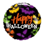 Round Halloween balloon with jack-o'-lantern faces and "Happy Halloween" text