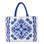 White tote bag with blue decorative pattern and handles