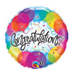 Round rainbow balloon with "Congratulations" text
